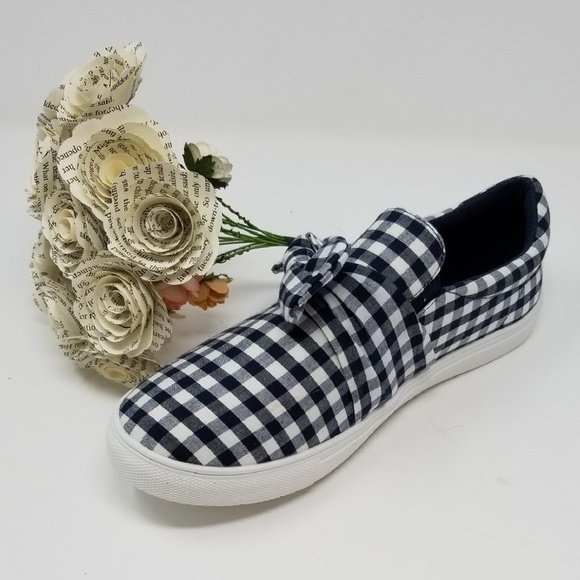 Women's Walking Shoes, Checkered Fabric Fashion Sneakers with Bows, SN-2811 Navy - Picture 2 of 5